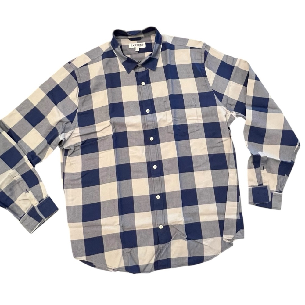Express Navy White Cotton Button-Up Shirt Soft Wash XL Large‎ Checked Western